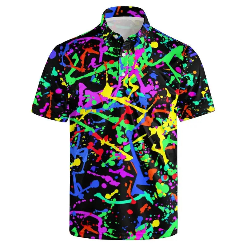 Polo shirt from Simples Market with neon paint-splatter pattern on black, short sleeves.