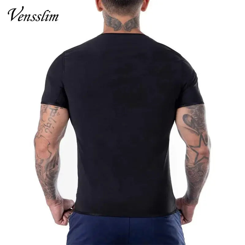 Vensslim men's sauna vest; black slim-fit short-sleeve shirt with back logo