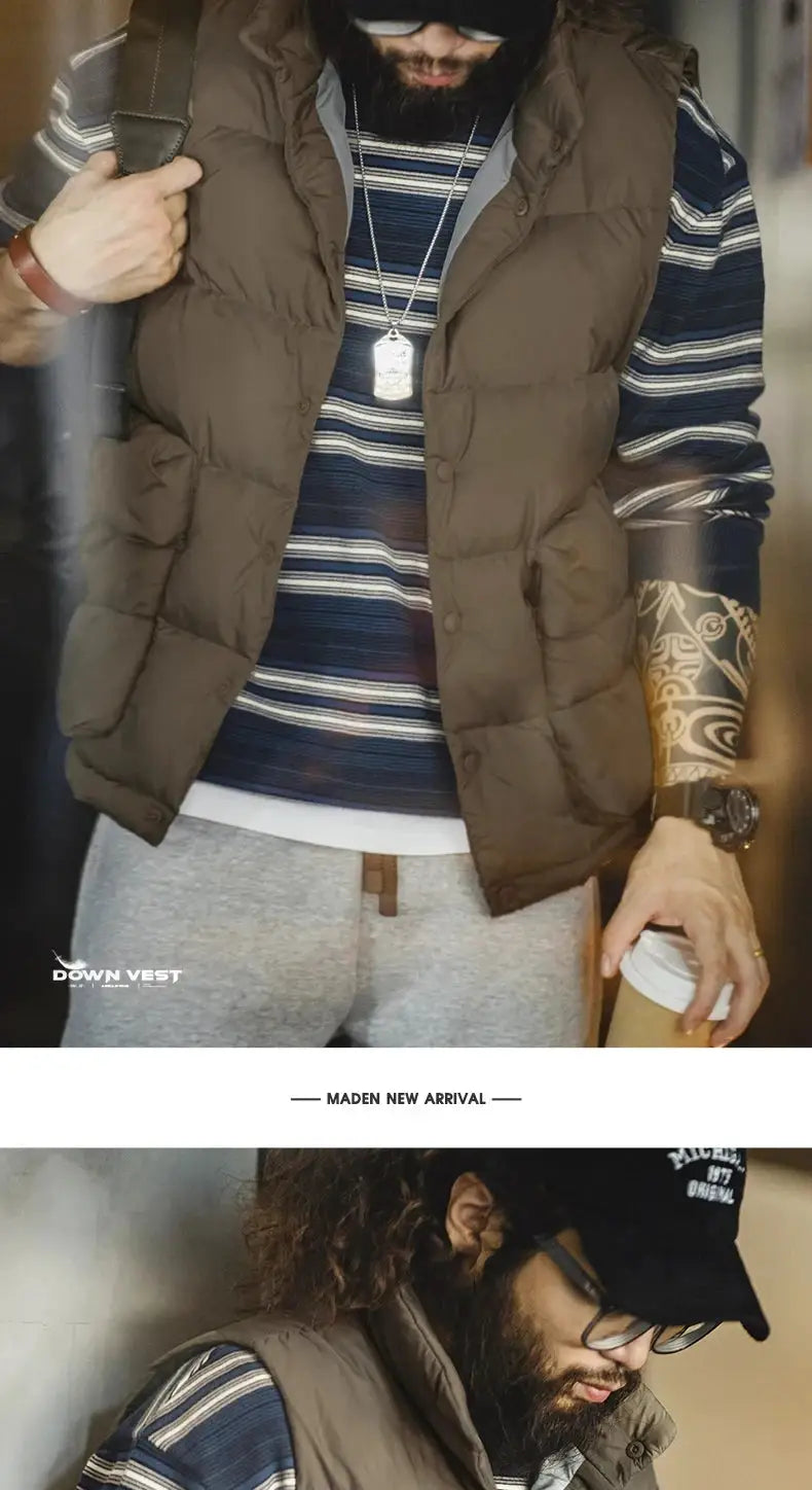 Maden men's brown down vest with stand-up collar and double side pockets; white duck down filling