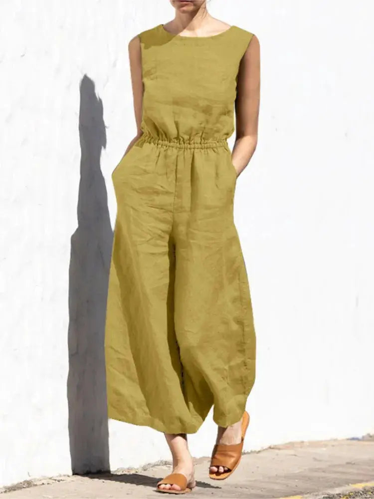 Cotton and Linen Jumpsuit for Women, olive sleeveless high-waist with pockets and wide-leg pants by Simples Market.
