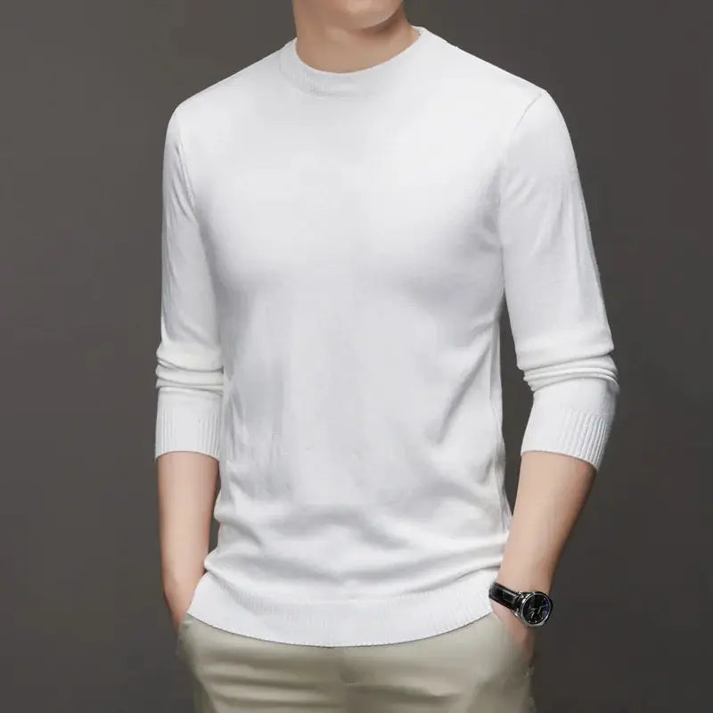 Simples Market men's white crewneck knit pullover sweater, lightweight solid color, long sleeves