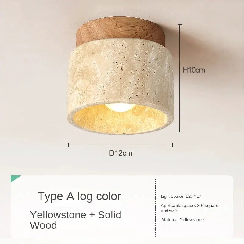 Led ceiling lamp; surface-mounted downlight in Yellowstone stone with solid wood, round cylinder, 12cm dia x 10cm high