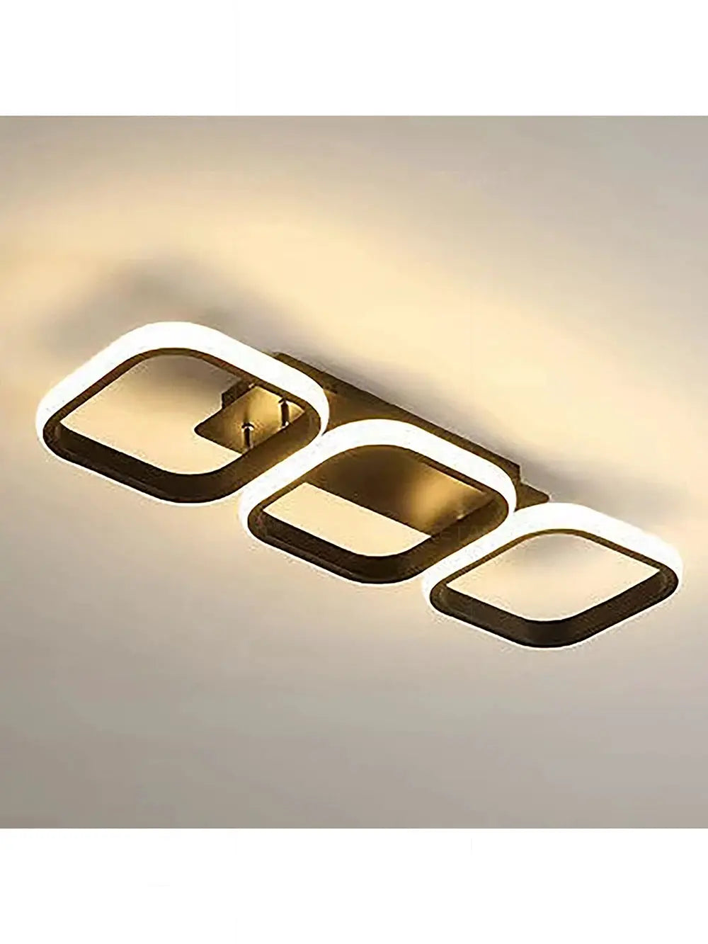 LED ceiling light with three connected square rings, black frames and white LED edges, modern luminaire