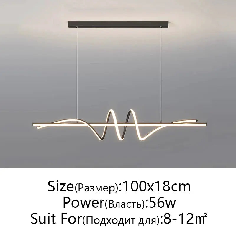Modern LED pendant light with a wavy glowing bar, black ceiling mount, two suspension cables, warm white illumination