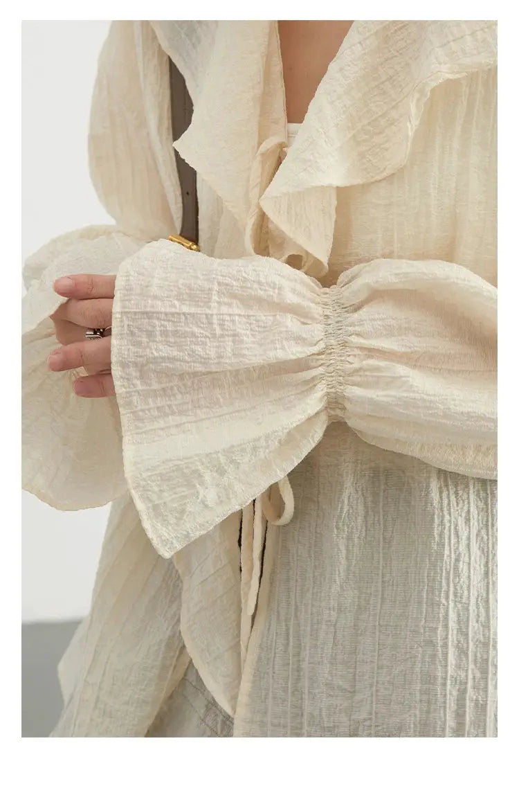 CHIC VEN Women Shirt cream textured fabric with loose fit and ruched cuffs, ruffled edges