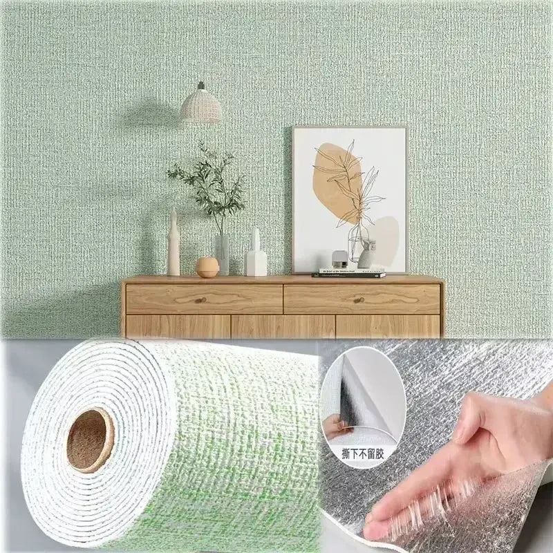 PVC solid-color thickened waterproof 3D linen self-adhesive wallpaper roll in green for bedrooms