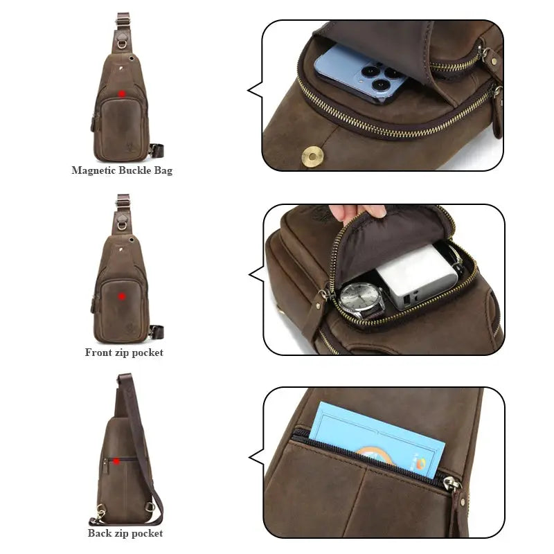Schlatum genuine leather chest bag brown crossbody with front/back zip pockets and magnetic buckle