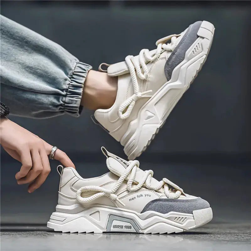 Pair of men's casual sports shoes, cream/white with chunky sole, durable and breathable