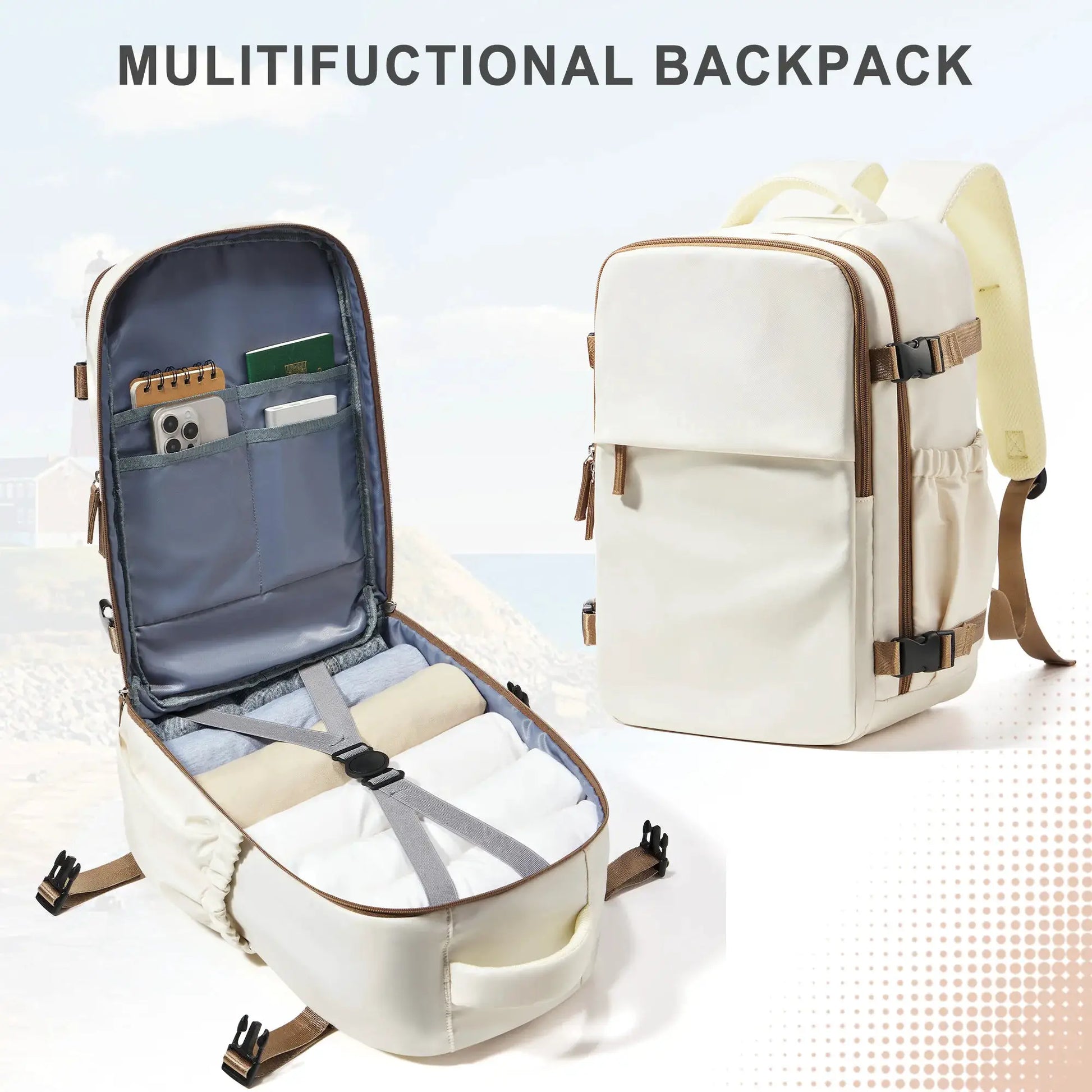 Cabin travel backpack pair: blue open-organizer backpack and beige carry-on with brown straps (2 bags)