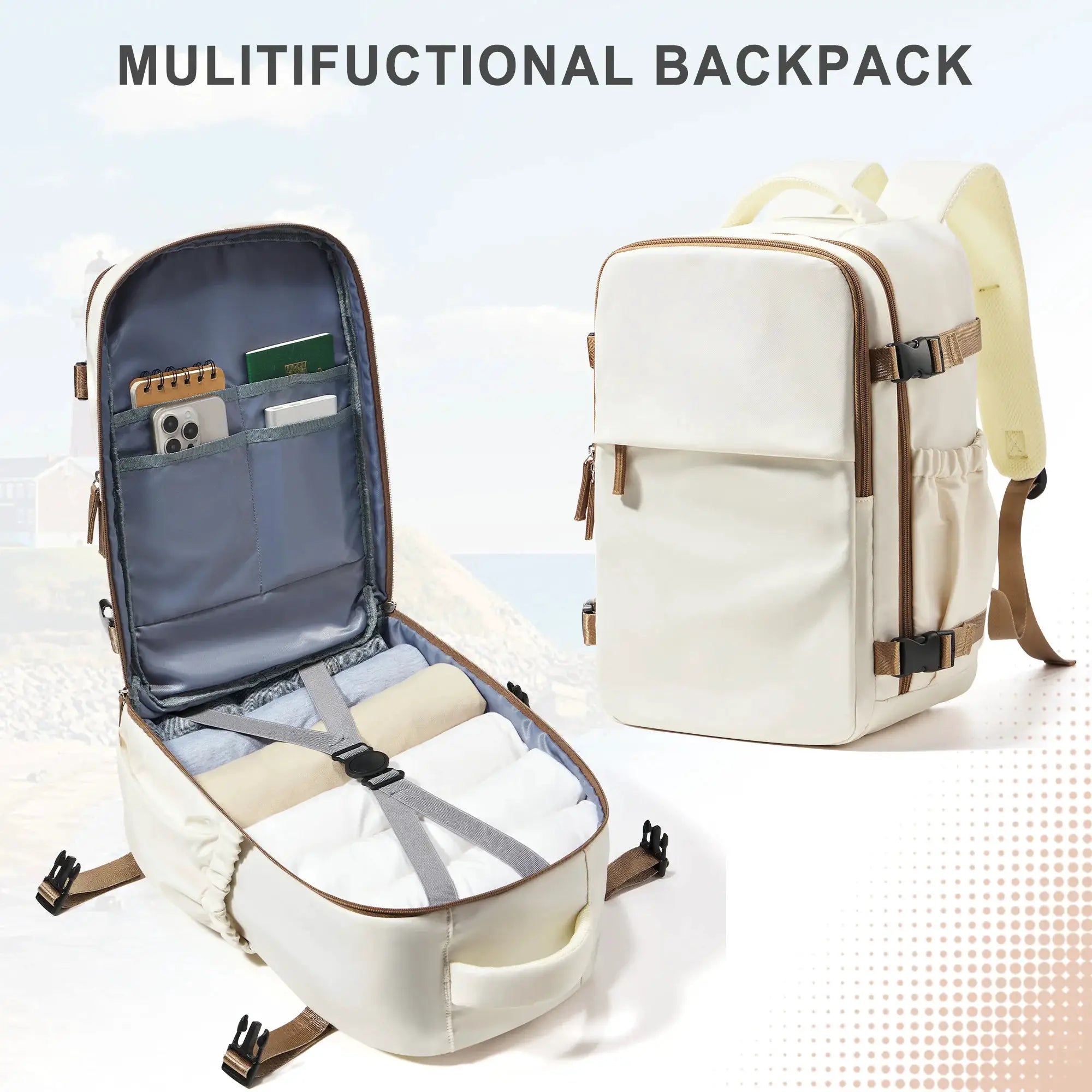 Cabin travel backpack pair: blue open-organizer backpack and beige carry-on with brown straps (2 bags)