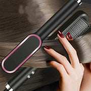 Simples Market black hair straightener comb with pink trim and attached brush for fast heating styling