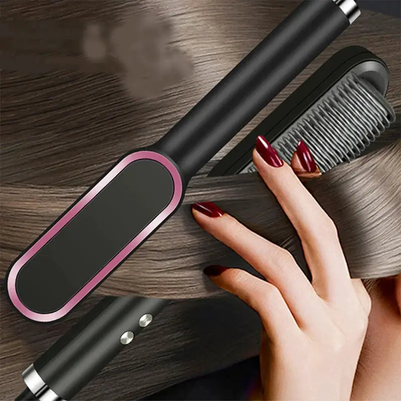 Simples Market black hair straightener comb with pink trim and attached brush for fast heating styling