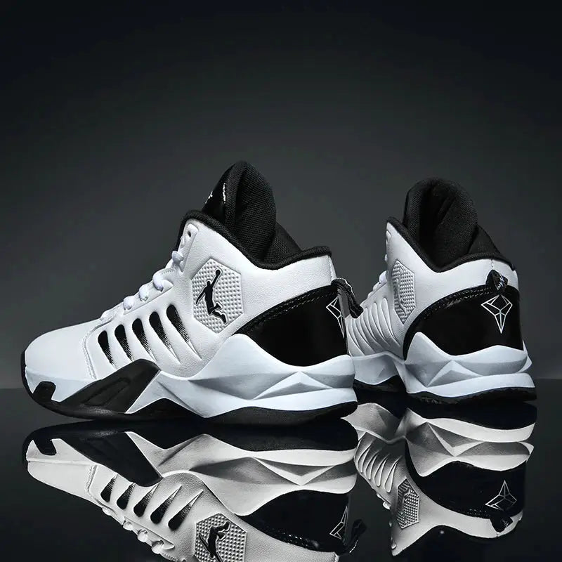 Men's white and black athletic sneakers with vented side panels and chunky sole, pair