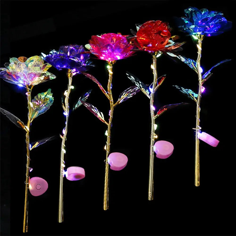 LED foil rose bouquet with five multicolor blooms on gold stems and string lights, Simples Market
