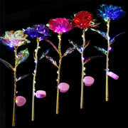 LED foil rose bouquet with five multicolor blooms on gold stems and string lights, Simples Market