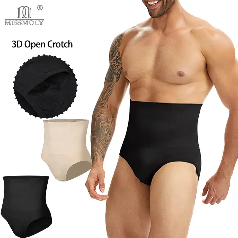Miss Moly men's high-waist shapewear briefs with 3D open-crotch, double-layer tummy control; black and beige options