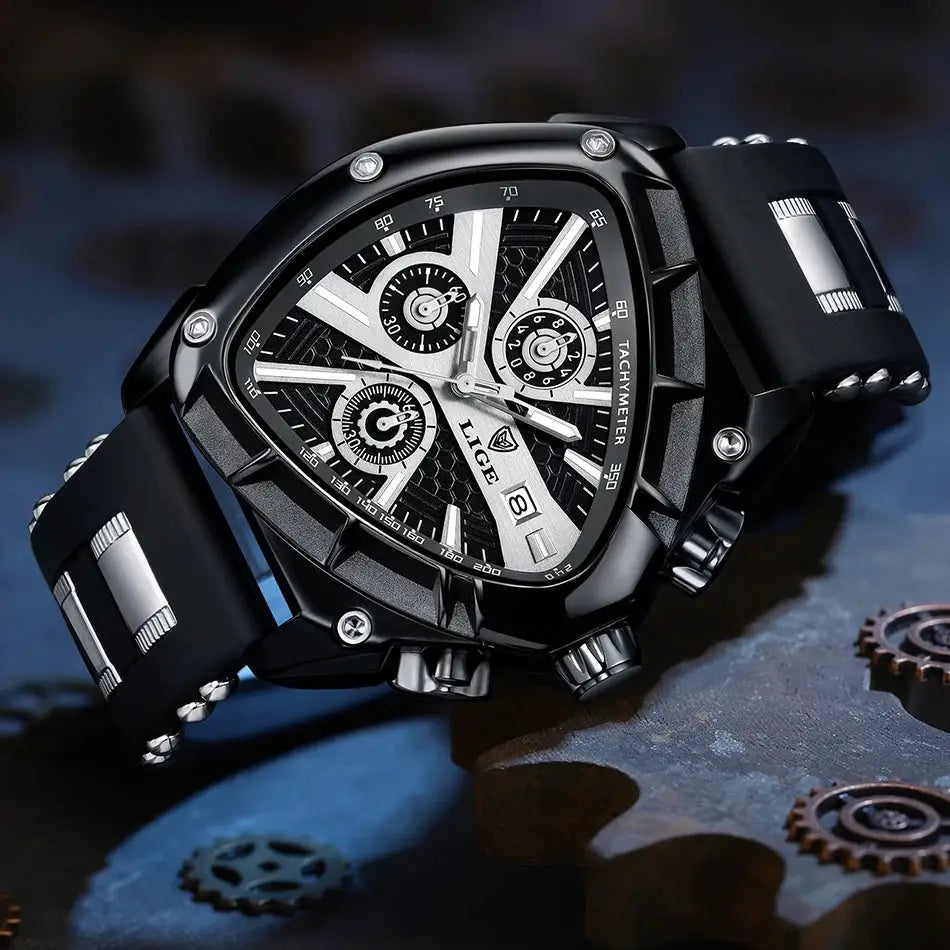 LIGE men's luxury watch with large black dial, chronograph subdials and waterproof rubber strap