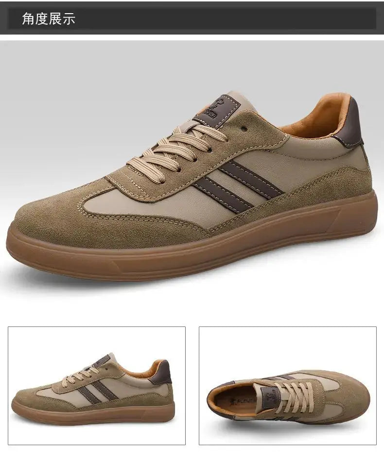 Leather sneakers for men by Simples Market, tan-brown casual trainers with suede panels and non-slip sole.