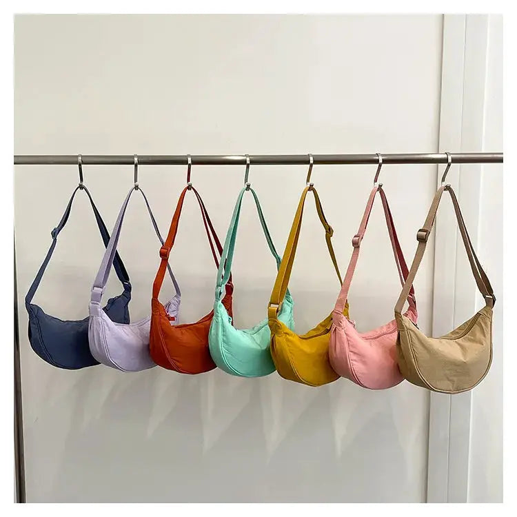 Nylon zipper crossbody bag, crescent dumpling style, unisex, 8 colors on display