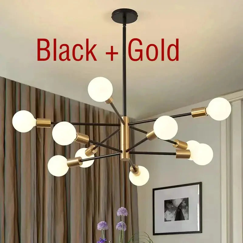 Nordic LED chandelier in black and gold with globe bulbs; sputnik-style multi-arm pendant for living room