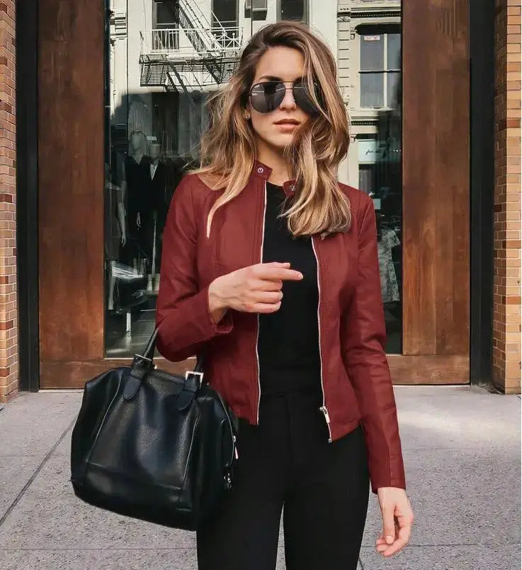 UrbanEdge Women PU Leather Bike Coat With Stand Collar And Zipper Closure For Autumn Winter Warm Lightweight Outerwear