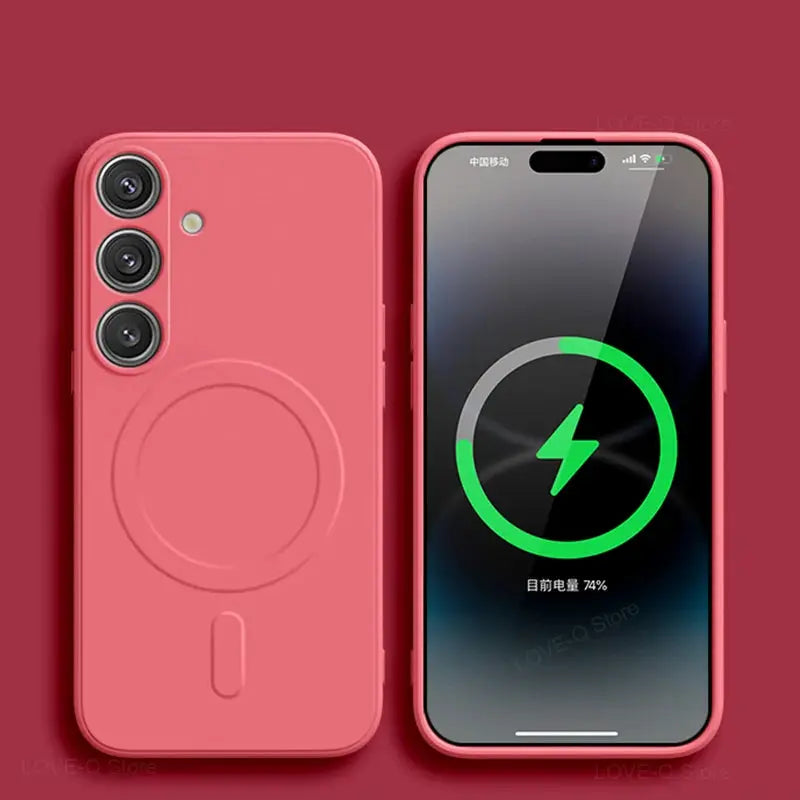 Pink MagSafe wireless charging case for Samsung Galaxy S25/S26/S24/S23 Ultra Plus FE by Simples Market, liquid silicone