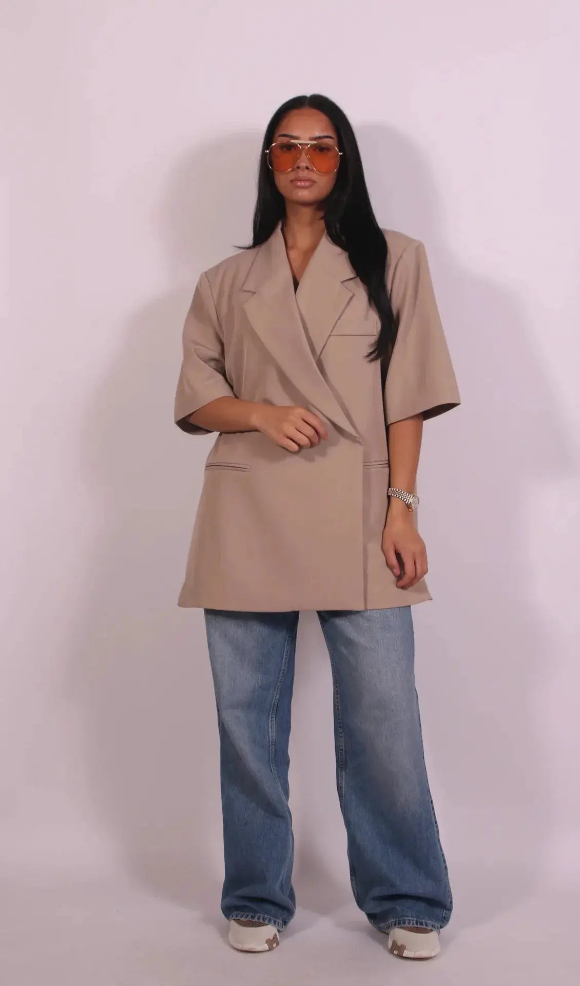 Beige oversized ladies blazer coat with turn-down collar and single button, casual chic by Simples Market