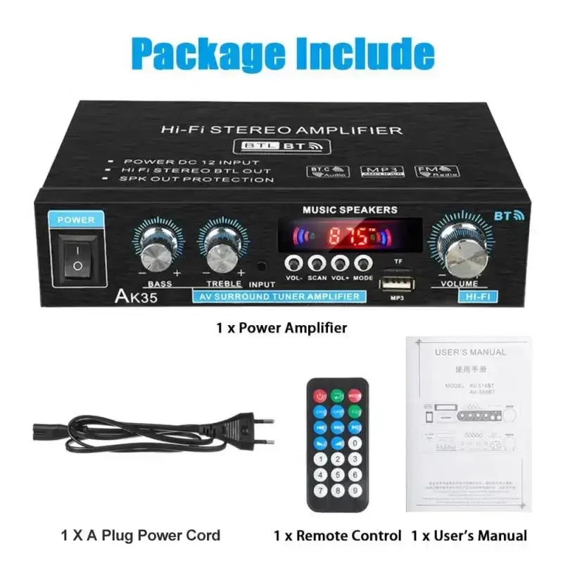 HiFi Digital AK35 Bluetooth Amplifier 2.0 Channel MP3 Sound AMP 110V 240V For Home And Car FM USB Remote Control