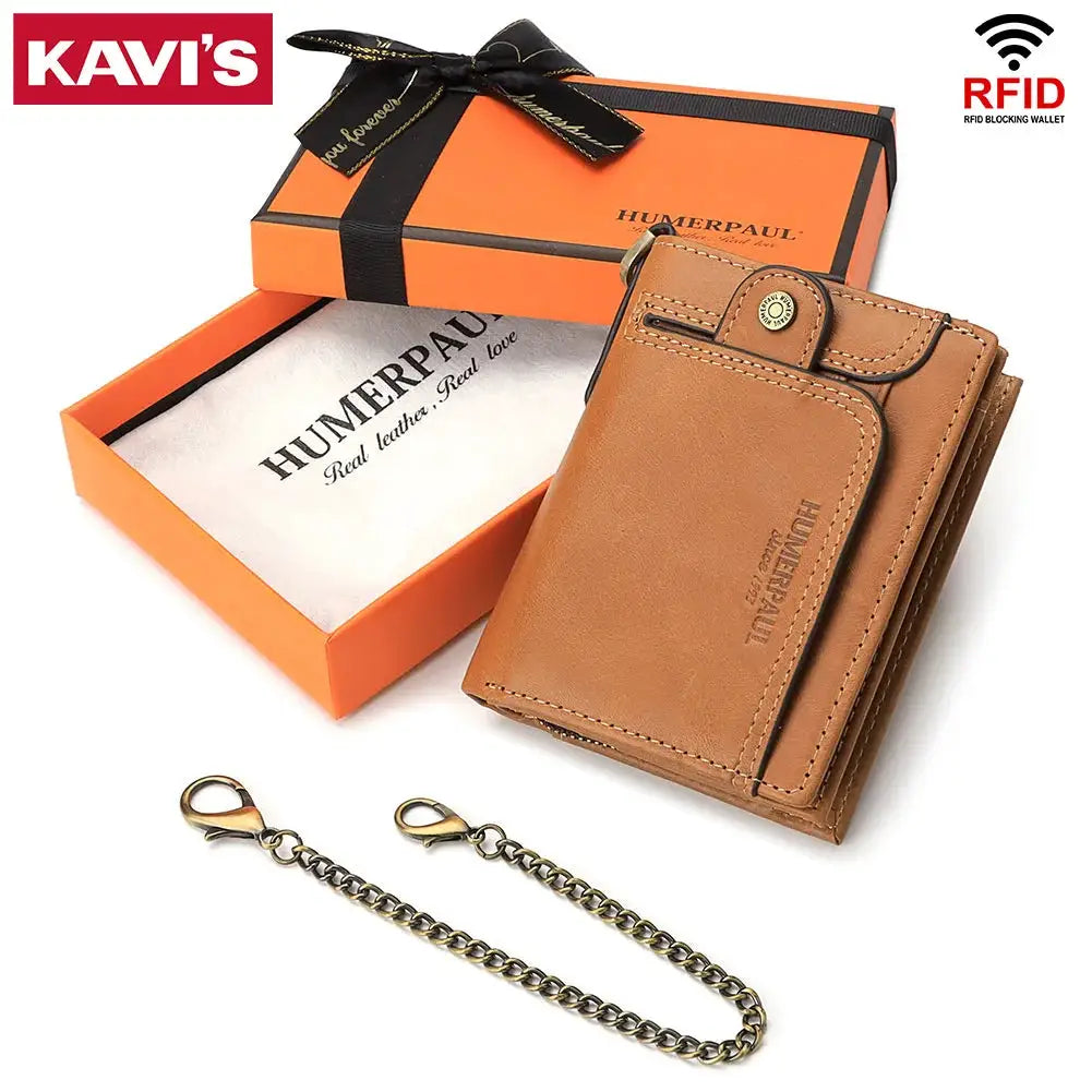 Real leather men's wallet by KAVI'S with RFID blocking, tan leather, zipper coin pocket and detachable chain.