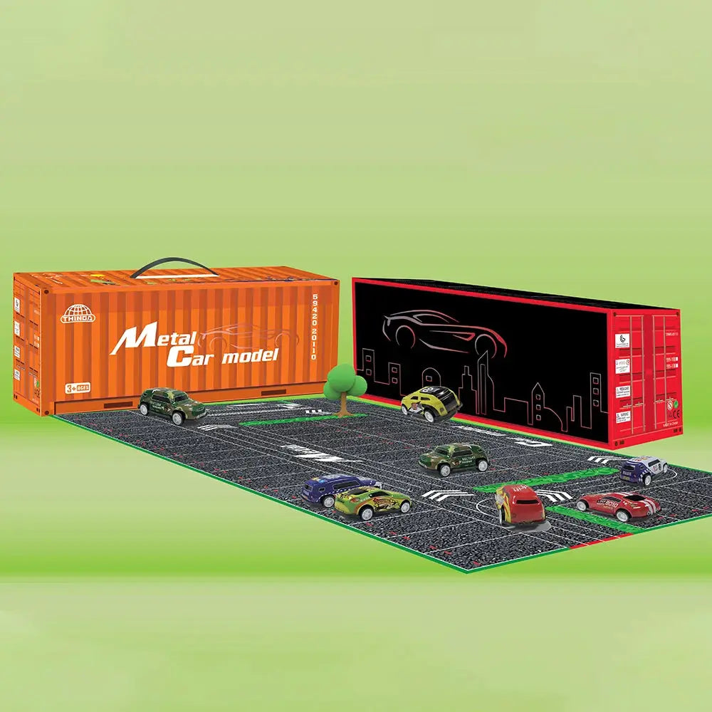 10–48 piece mini car set with inertia pull-back cars on a road mat beside orange and red container boxes