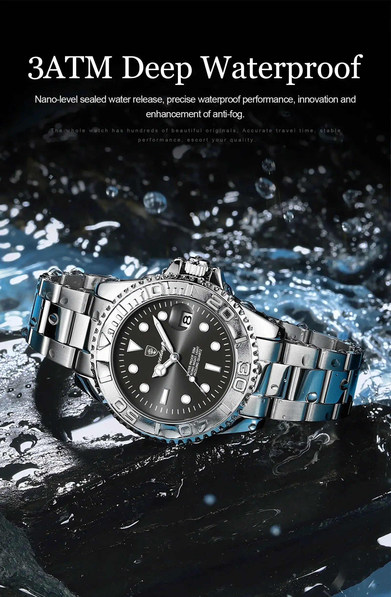 POEDAGAR stainless steel men's luxury watch with black dial, luminous markers, date window, 3ATM waterproof