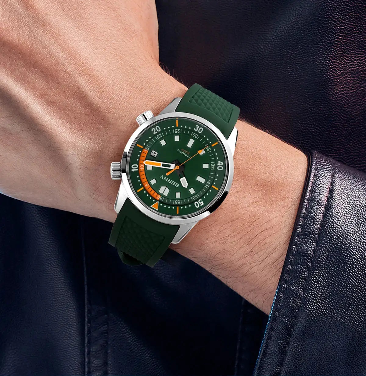BERNY men's dive watch, 42mm stainless steel case, green dial with orange accents, green silicone strap.