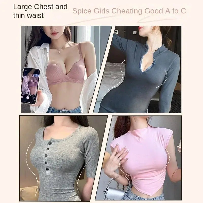 Push-up bra and four tops collage: pink bra, blue long-sleeve top, gray buttoned knit, and pink cropped tee.