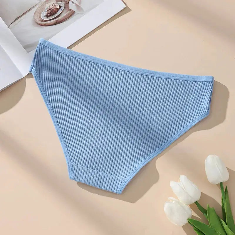 Women's light blue ribbed cotton panties, low-rise and breathable