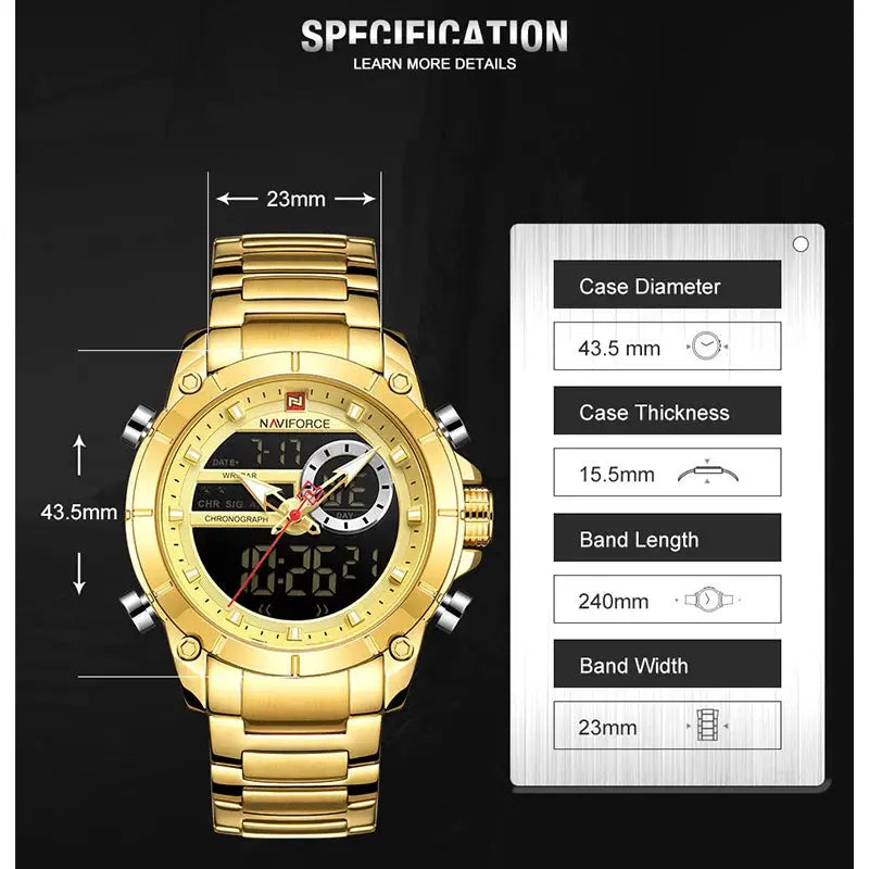 Naviforce 9163 Luxury Sport Mens Wristwatch With Dual Analog Digital Display Stainless Steel Water Resistant