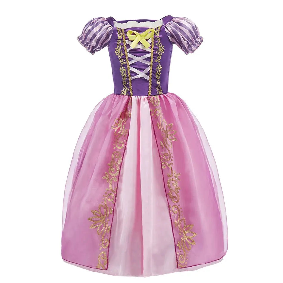 Kids Princess Costume Party Dress With Floral Pattern And Appliques Inspired By Rapunzel And Belle