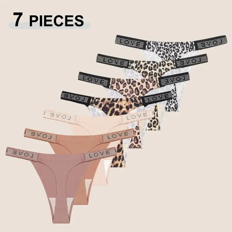 Simples Market 7-piece leopard print thong underwear set for women with crystal-letter LOVE waistband