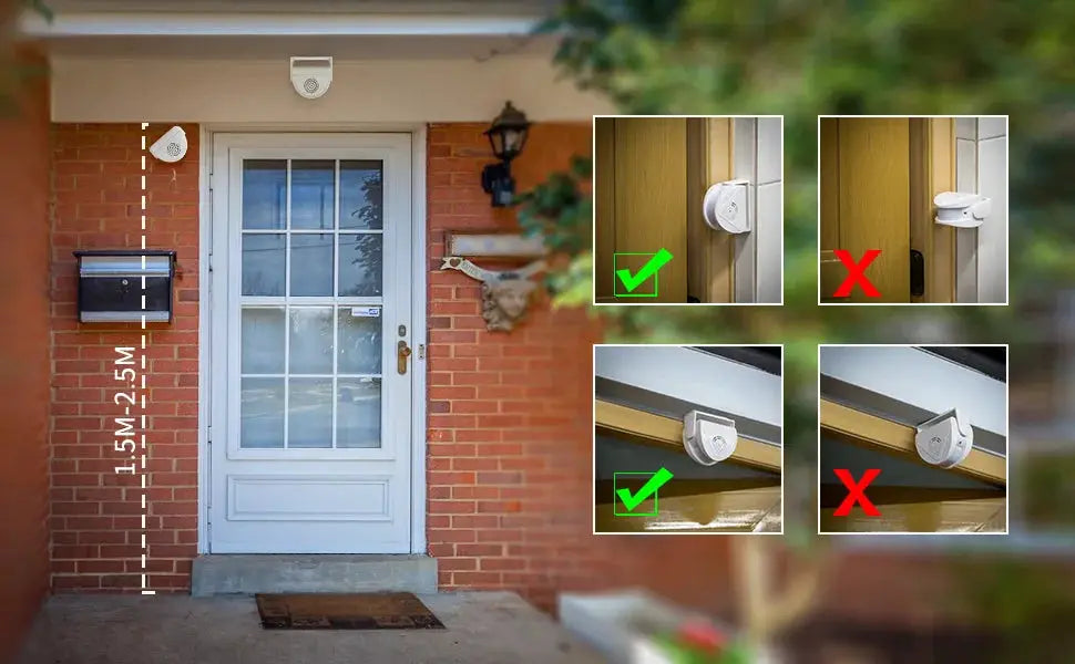 FUERS wireless guest doorbell with PIR motion sensor mounted on brick entry beside the front door; Simples Market.
