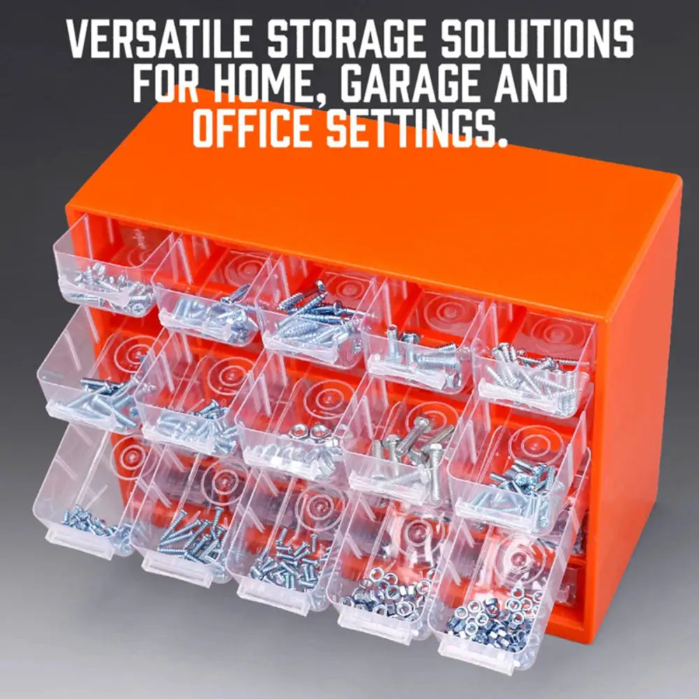 25-compartment wall-mounted parts box with orange frame and clear drawers for screws, nuts, and bolts