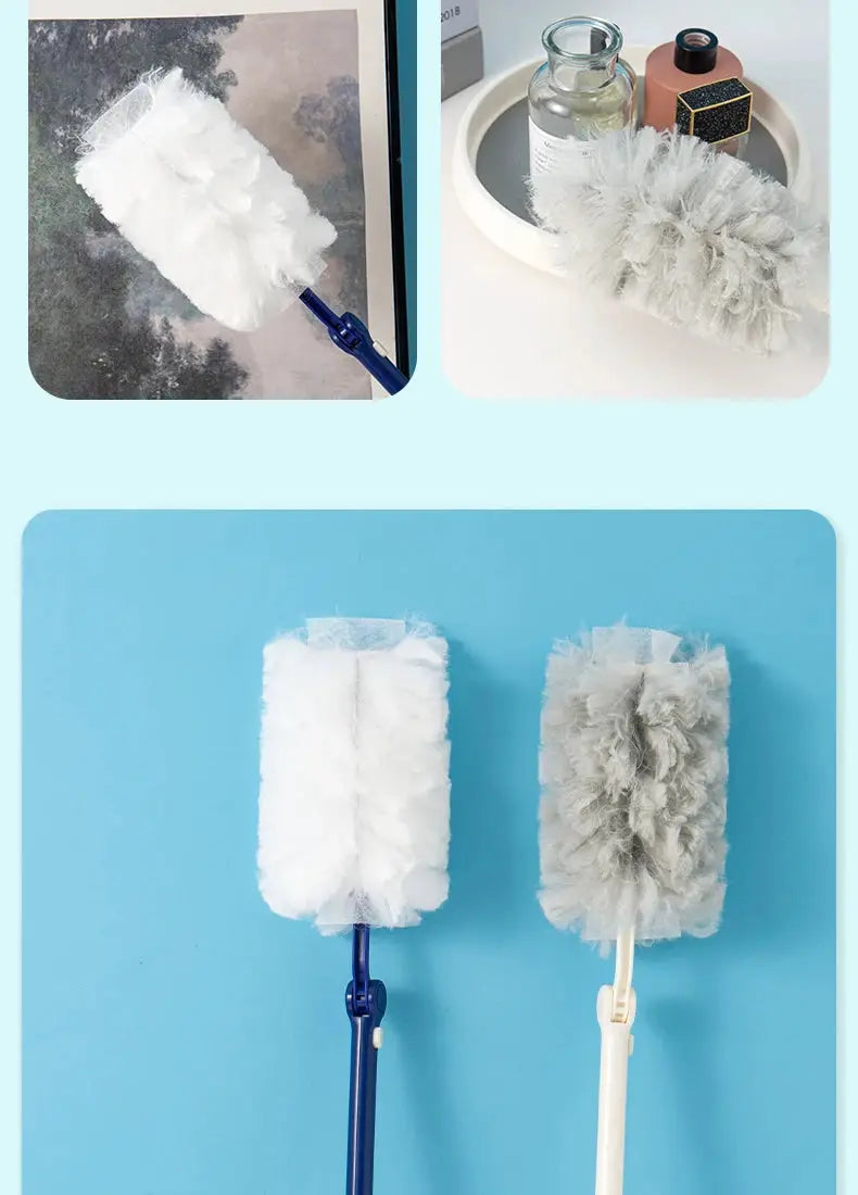 Extended pole dust collector by Simples Market with disposable fiber cloth mop heads in white and gray on blue handles.