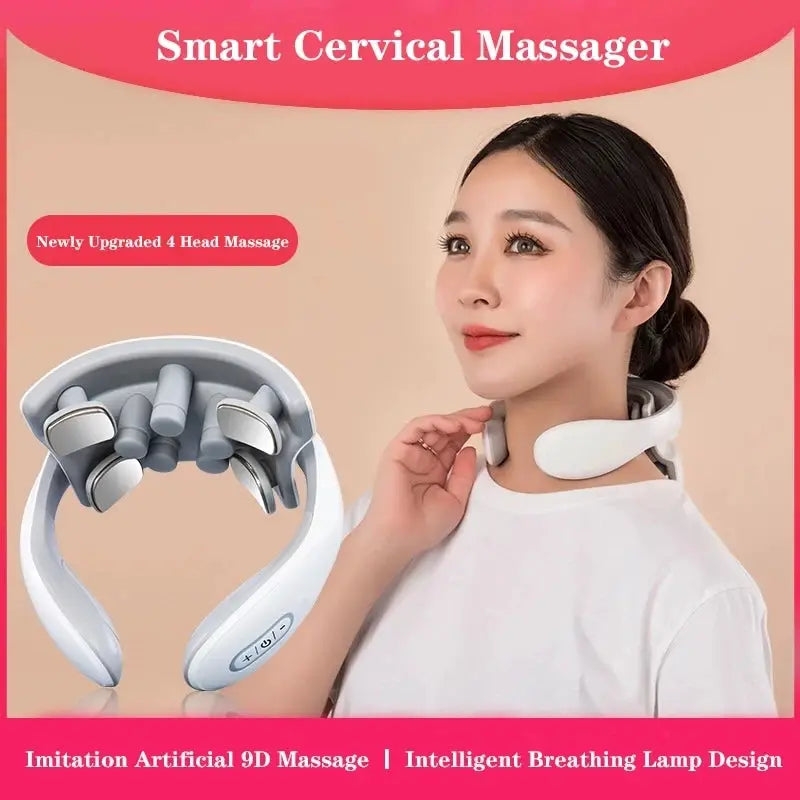 Smart neck massager with 4-head massage, rechargeable white/gray wearable device