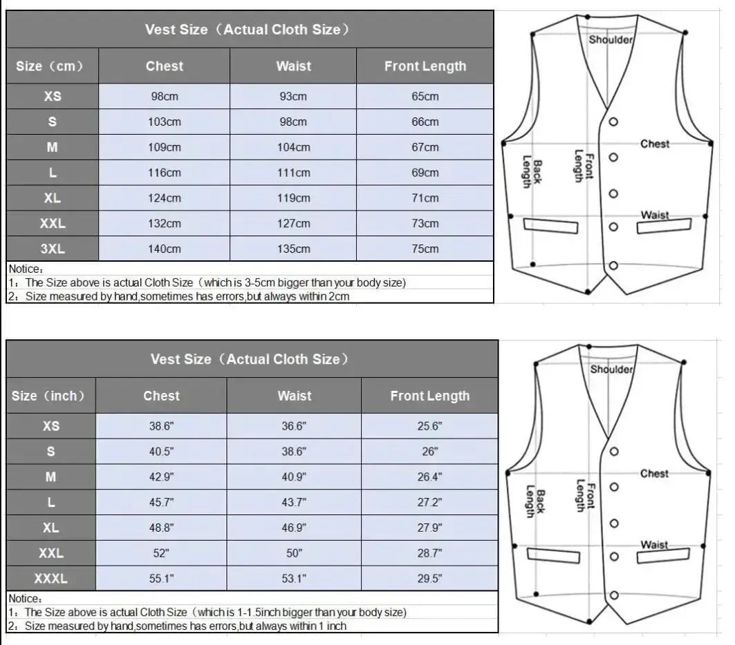 Waistcoat sizing chart for Simples Market V-neck men's vest with chest, waist, and front length measurements.