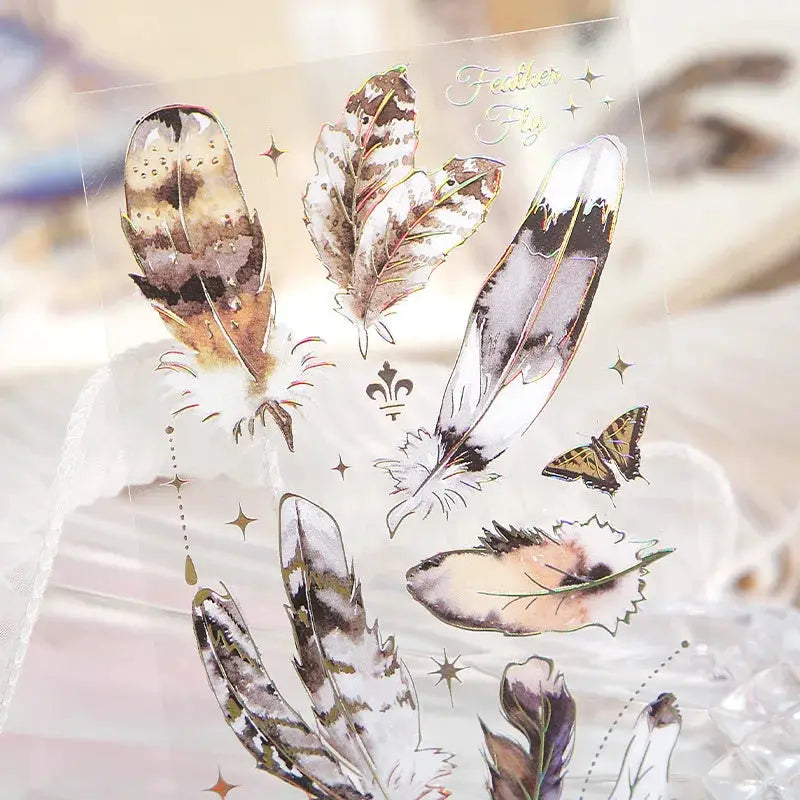 Three Piece Kawaii Feather Dragonfly Bird Jellyfish Decorative Sticker Pack for Scrapbooking Journals and Planners