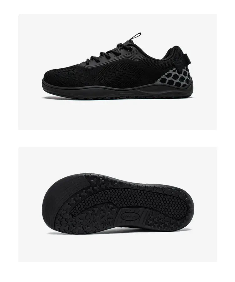 HOBIBEAR knit barefoot shoes in black with a wide toe, breathable unisex minimalist walking sneakers.