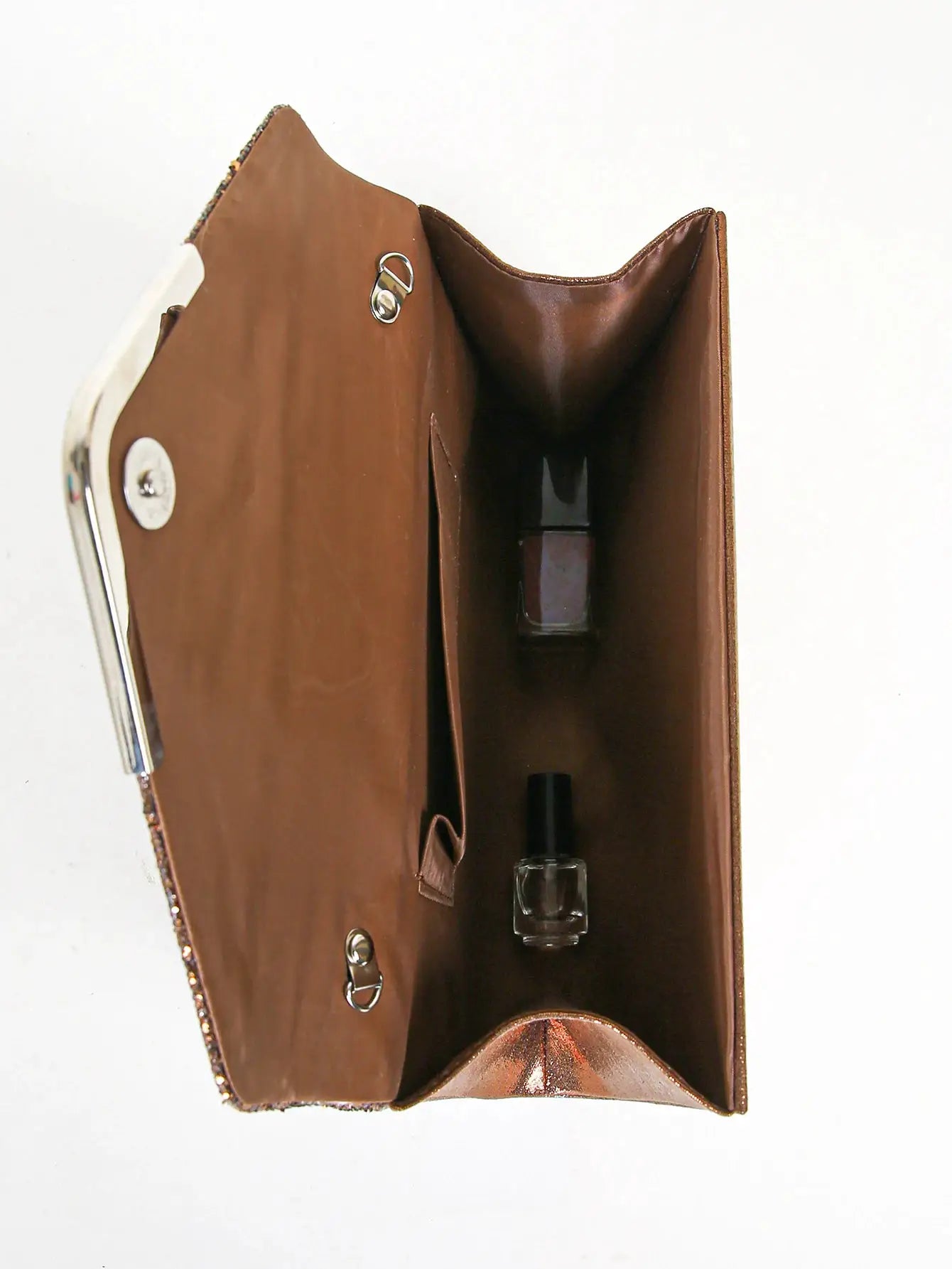 Brown sequin envelope clutch with metal frame and interior pockets