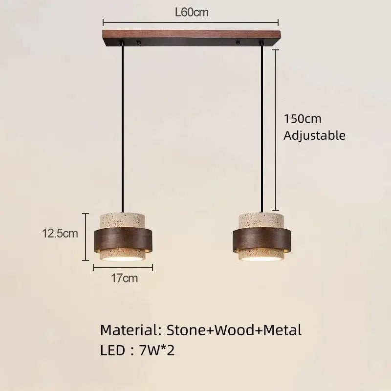 Simples Market Japanese Wabi Sabi 2-light bar pendant lamp with stone, wood and metal shades and adjustable cords