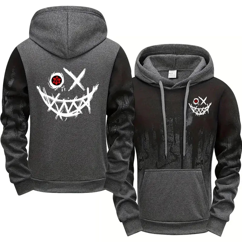 2-piece Simples Market men's tracksuit hoodie and sweatpants set in charcoal gray with black sleeves and white splashed-ink logo