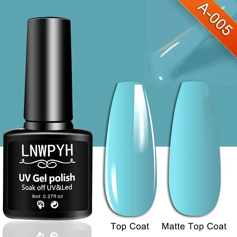 UV gel polish bottle with turquoise top coat and matte top coat swatches
