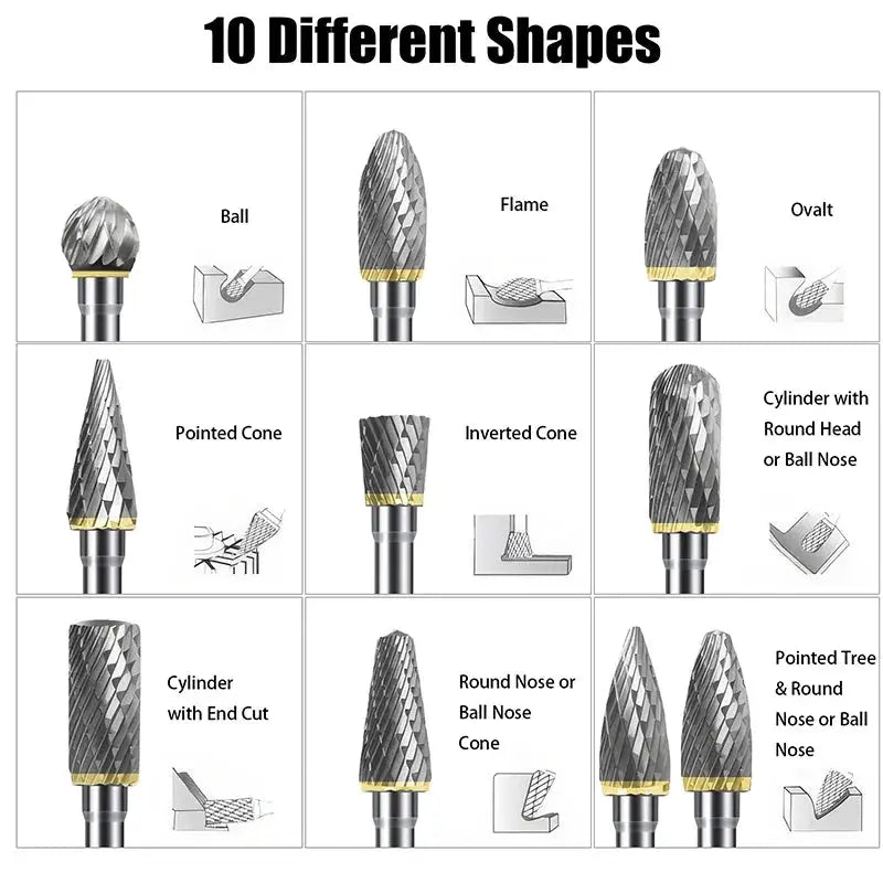 Carbide Burr Set 10 Piece One Eighth Inch Shank Double Cut Tungsten Rotary Burrs for Metal Wood Carving and Polishing