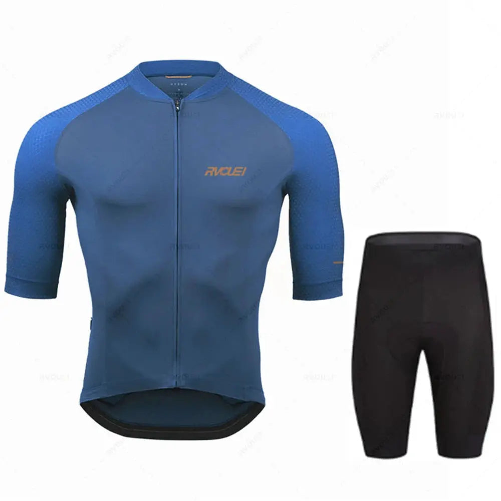 Rvouei Pro Team cycling jersey and shorts set; blue short-sleeve jersey with full zipper and black cycling shorts.